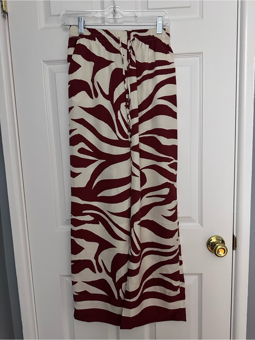 H&M Wide Leg Zebra-Print Pants in Cream & Burgundy